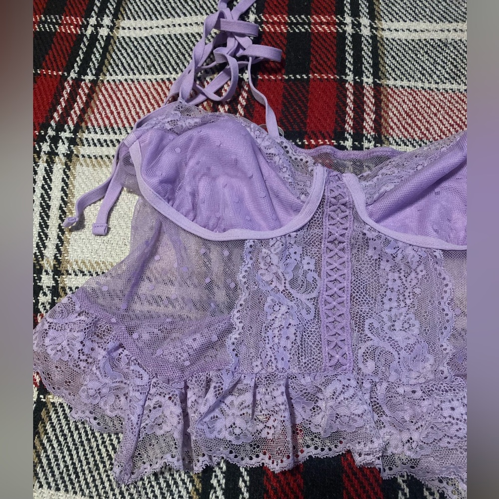 NWT shein sky plus lilac purple shoulder tie ruffle hem sheer crop top - 1X, 14 - Picture 4 of 8
